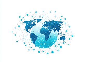 Abstract global network concept with a blue world map on a white background Technology and connectivity are symbolized by dots connecting the planet Earth in a flat design style Generative AI