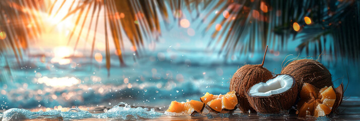 Fresh coconaut on tropical beach. Summer vacation concept.