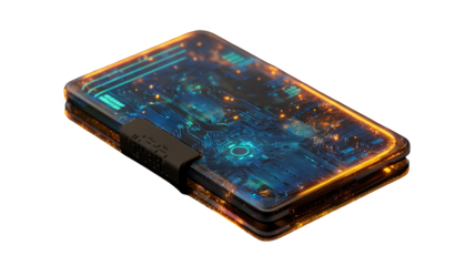 Futuristic transparent device showcasing intricate glowing circuitry, evoking advanced technology and innovation, isolated on a transparent background