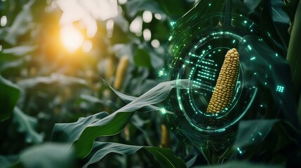 Advanced Technology Corn Agriculture Digital Interface Smart Farming Futuristic Maize Crop Growing Innovation Sustainable Harvest Technology Green Field Nature Eco Friendly Farming
