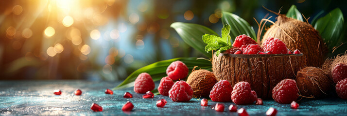 Fresh fruits on tropical beach. Summer vacation concept.
