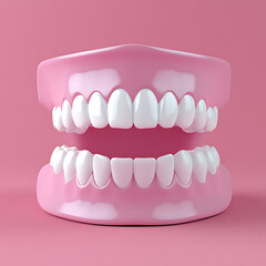 Fototapeta premium close-up of denture model against pink background for dental care, showcases a full set of teeth on a dental model with focus on alignment and aesthetics