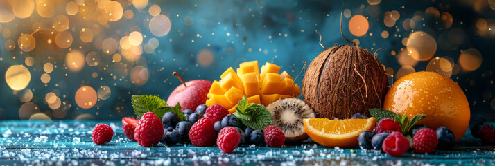 Fruits and berries on a blue wooden table with bokeh background.
