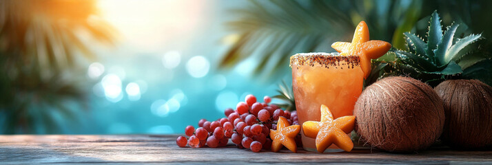 Fruit smoothie in glass and fresh fruits on wooden table, closeup