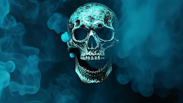 Ghoulish skull in smoky teal abyss