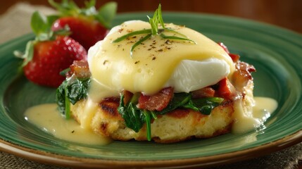 A flavorful dish featuring poached eggs atop a buttery biscuit, garnished with spinach, bacon, and a rich hollandaise sauce, paired with fresh strawberries