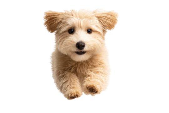 Fluffy tan puppy jumping playfully against white background, cut out
