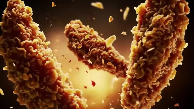 Close up of crispy fried chicken tenders with flakes falling against a dark orange background