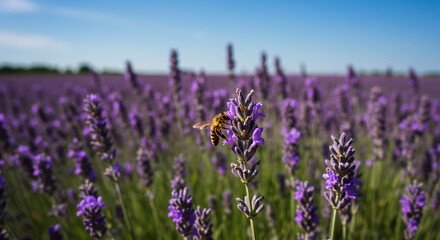 A bee collecting pollen from a lavender flower in a field under a clear blue sky at daytime outdoors