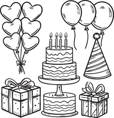 Vector set of birthday party icons: cake, gift, candle, and balloons for a happy celebration