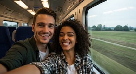 Happy Couple Taking Selfie on Train During Travel for New Adventure Together with Smiles