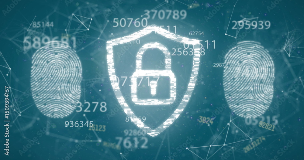 Poster image of multiple numbers over security padlock and fingerprint scanner