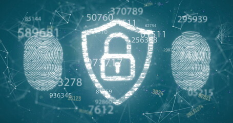 Image of multiple numbers over security padlock and fingerprint scanner