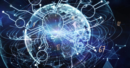 Image of microprocessor connections over light trails and globe against black background