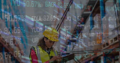 Image of data processing over female worker in warehouse