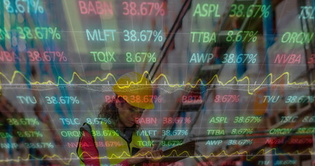 Image of data processing over female worker in warehouse