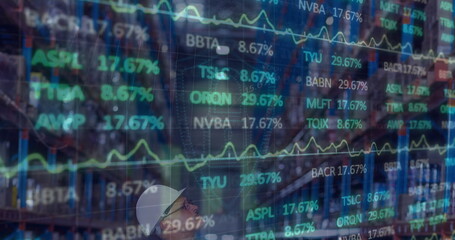 Image of data processing over caucasian male worker in warehouse