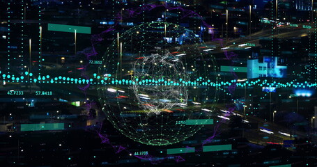 Image of globe and spots over cityscape