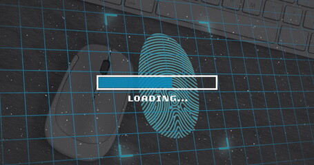 Image of loading over fingerprint, mouse and keyboard on desk