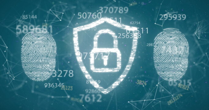 Image of multiple numbers over security padlock and fingerprint scanner - Powered by Adobe