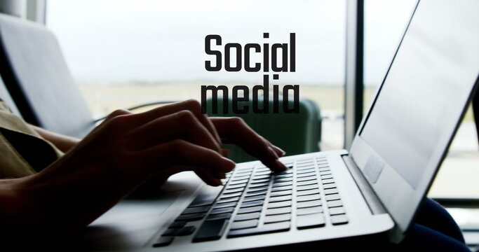Image of social media text over woman using laptop
