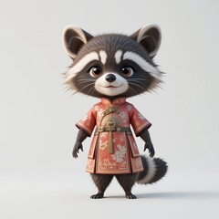 Baby raccoon in traditional Chinese clothing