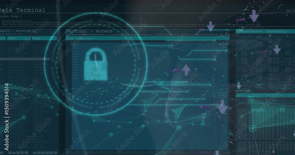 Poster image of security padlock icon and data processing over close up of male hacker