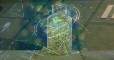 Image of plexus networks over glowing fairy lights in a glass jar against data processing