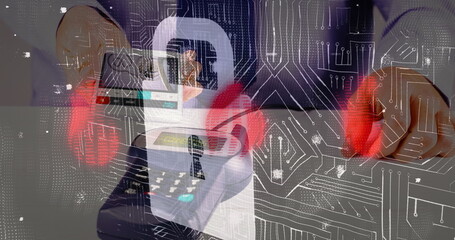 Image of data processing over hands paying with smartphone