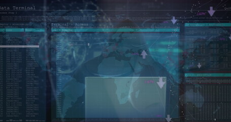 Image of data processing on screens over moving screens