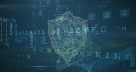 Image of digital shield over scanning and data processing on digital screen