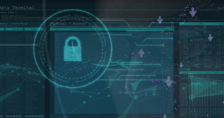 Image of security padlock icon and data processing over close up of male hacker