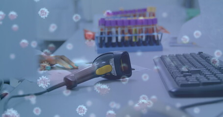 Image of virus cells over african american female scientist in lab