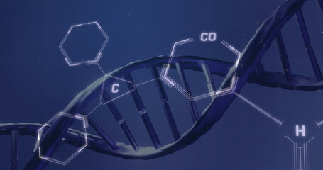 Image of chemical structures over dna strand spinning