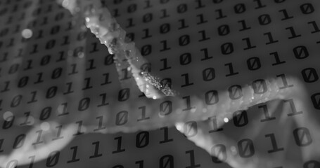 Image of binary coding data processing over dna strand spinning