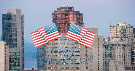 Happy president's day text banner with us flag icons against tall buildings in background