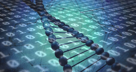 Image of binary coding data processing over dna strand spinning