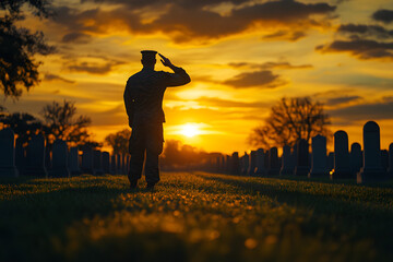 Soldier in silhouette saluting at a cemetery during dusk for memorial day