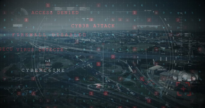 Image of scanning warning over data processing and cityscape - Powered by Adobe