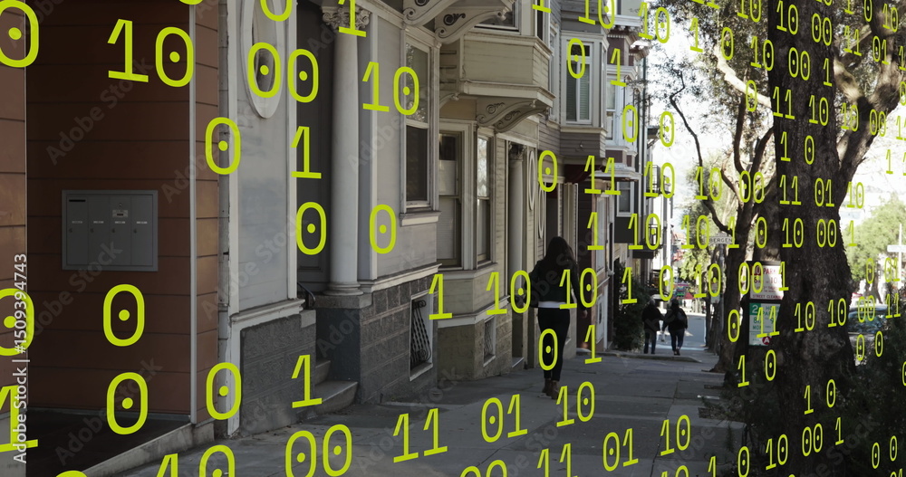 Poster binary coding data processing against read view of a woman walking on the street
