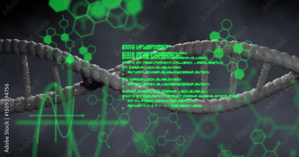 Poster image of dna rotating over chemical formulas and data processing on grey background