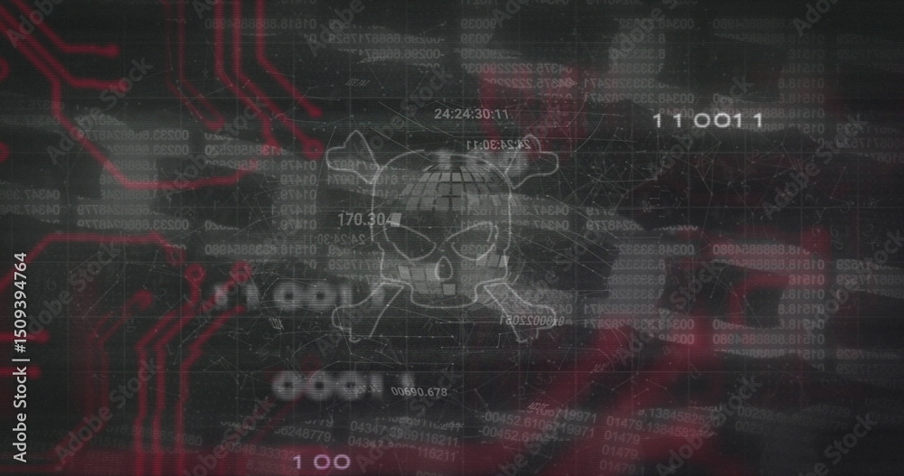 Poster image of skull with bones, data processing and block chain over black background
