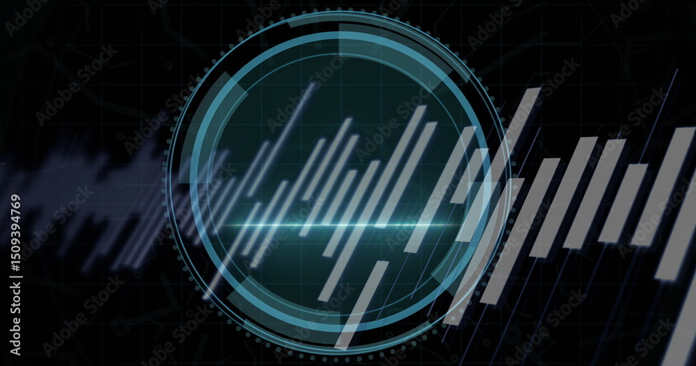 Poster statistical data processing and cyber security text over round scanner against black background