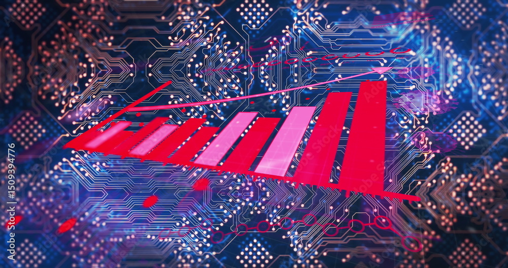 Poster image of statistics and data processing over computer circuit board