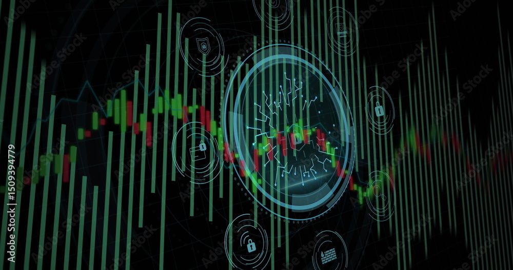 Poster statistical data processing and cyber security text over round scanner against black background