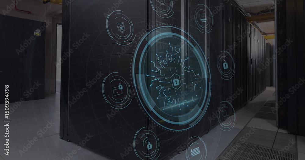 Poster cyber security text over round scanner against empty computer server room