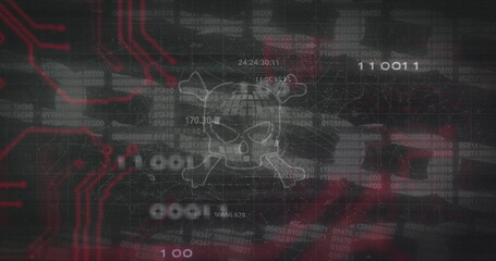 Image of skull with bones, data processing and block chain over black background