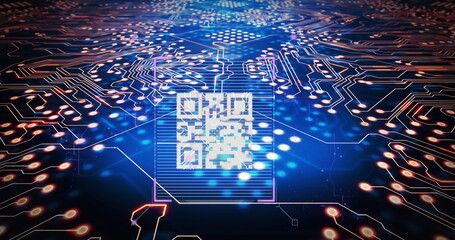 Image of integrated circuit and qr code on navy background