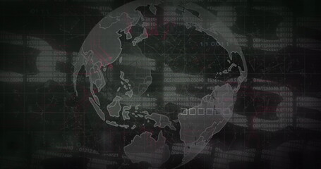 Spinning globe and network of connections over security chain icon against black background