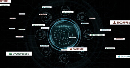 Speech bubbles over data protection text over round scanner and globe against black background